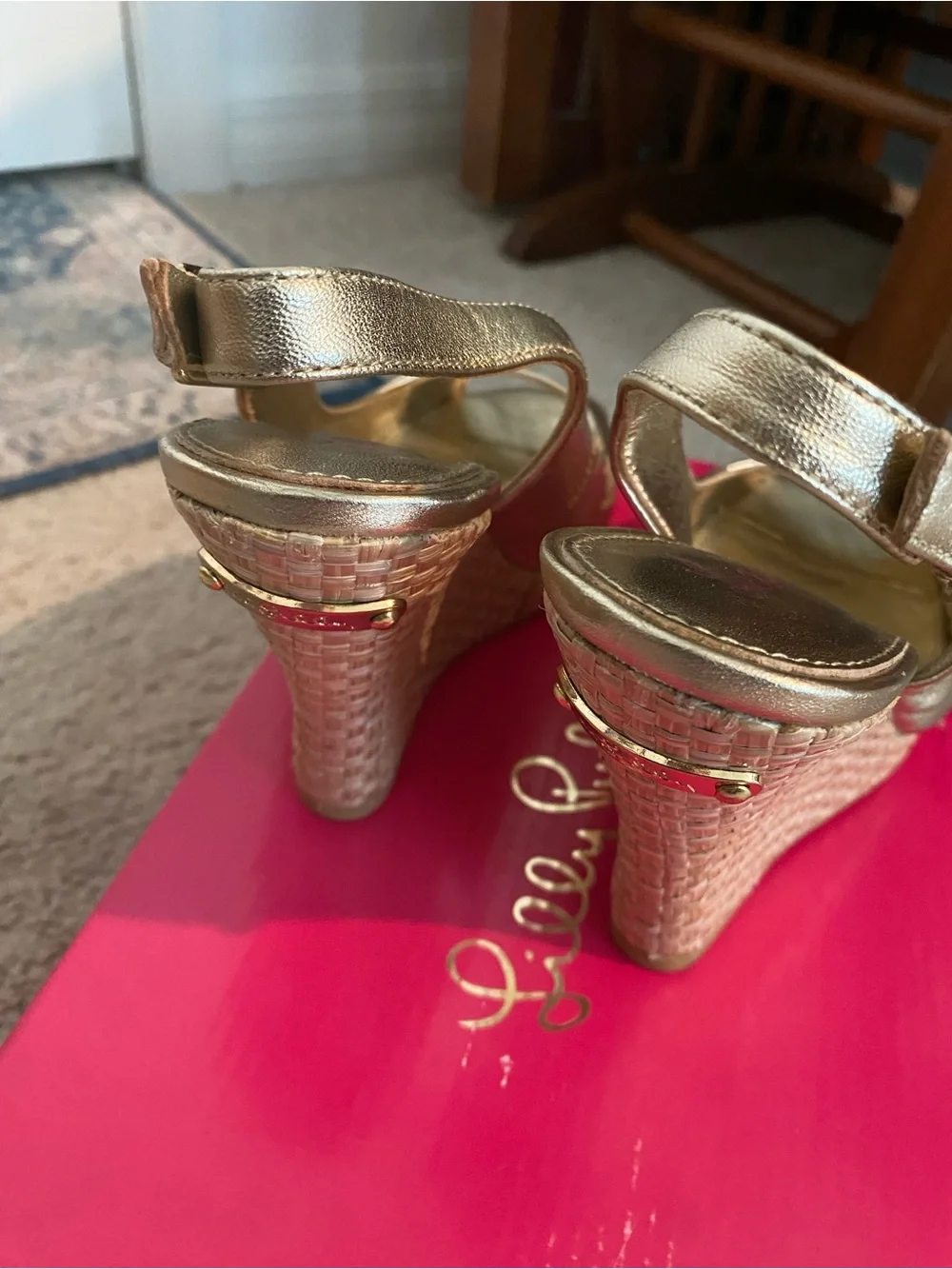 Lilly Pulitzer Gold Peep-Toe Slingback Wedge Heels
